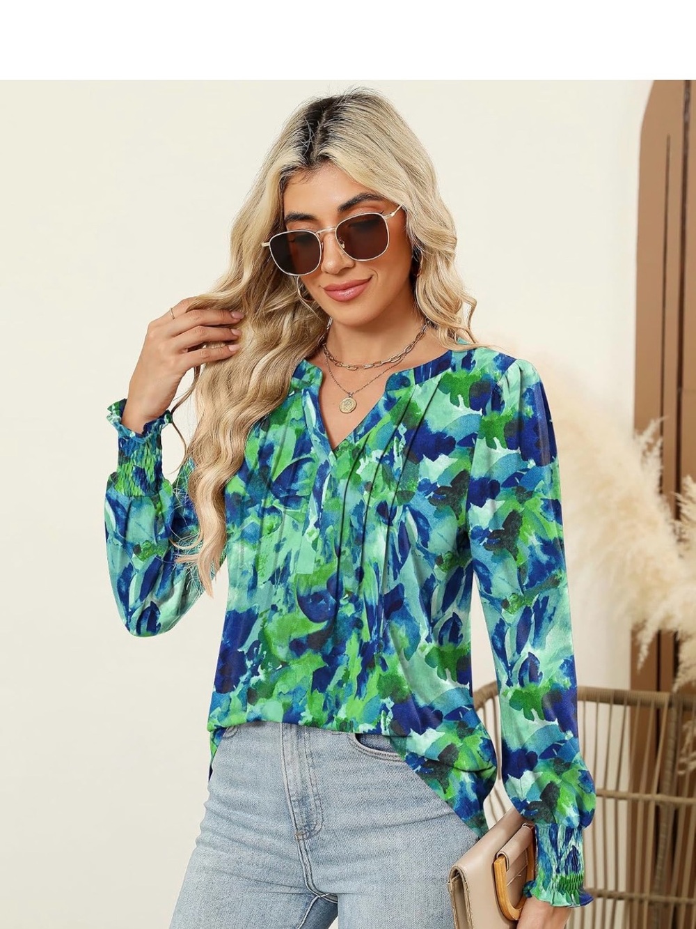 Vibrant Blue-Green Floral V-Neck Blouse